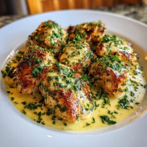 Six pieces of seared garlic parmesan chicken bathed in a creamy, rich sauce and topped with fresh chopped parsley.