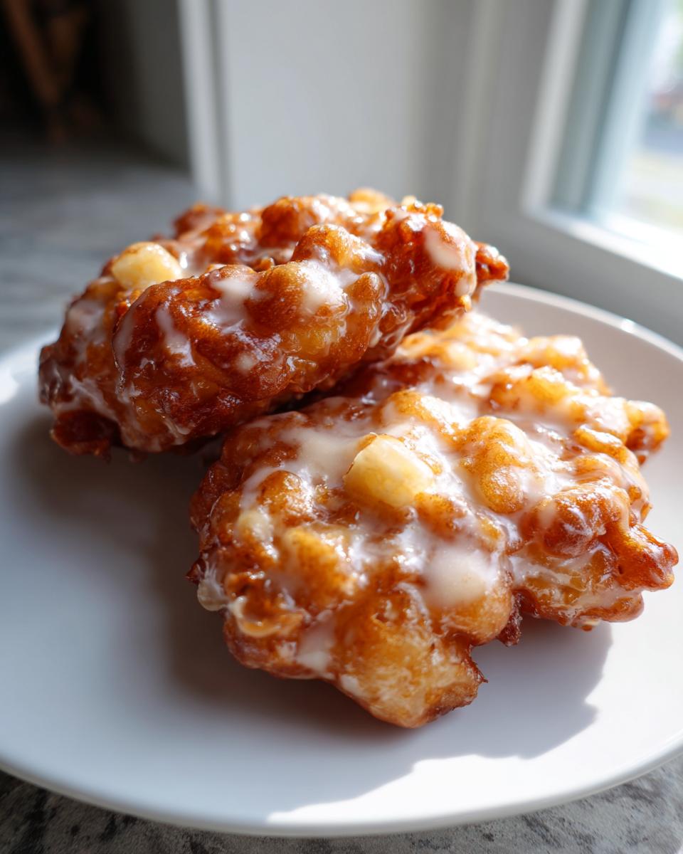 Two golden brown, freshly fried apple fritter pieces drizzled with white glaze, sitting on a white plate.