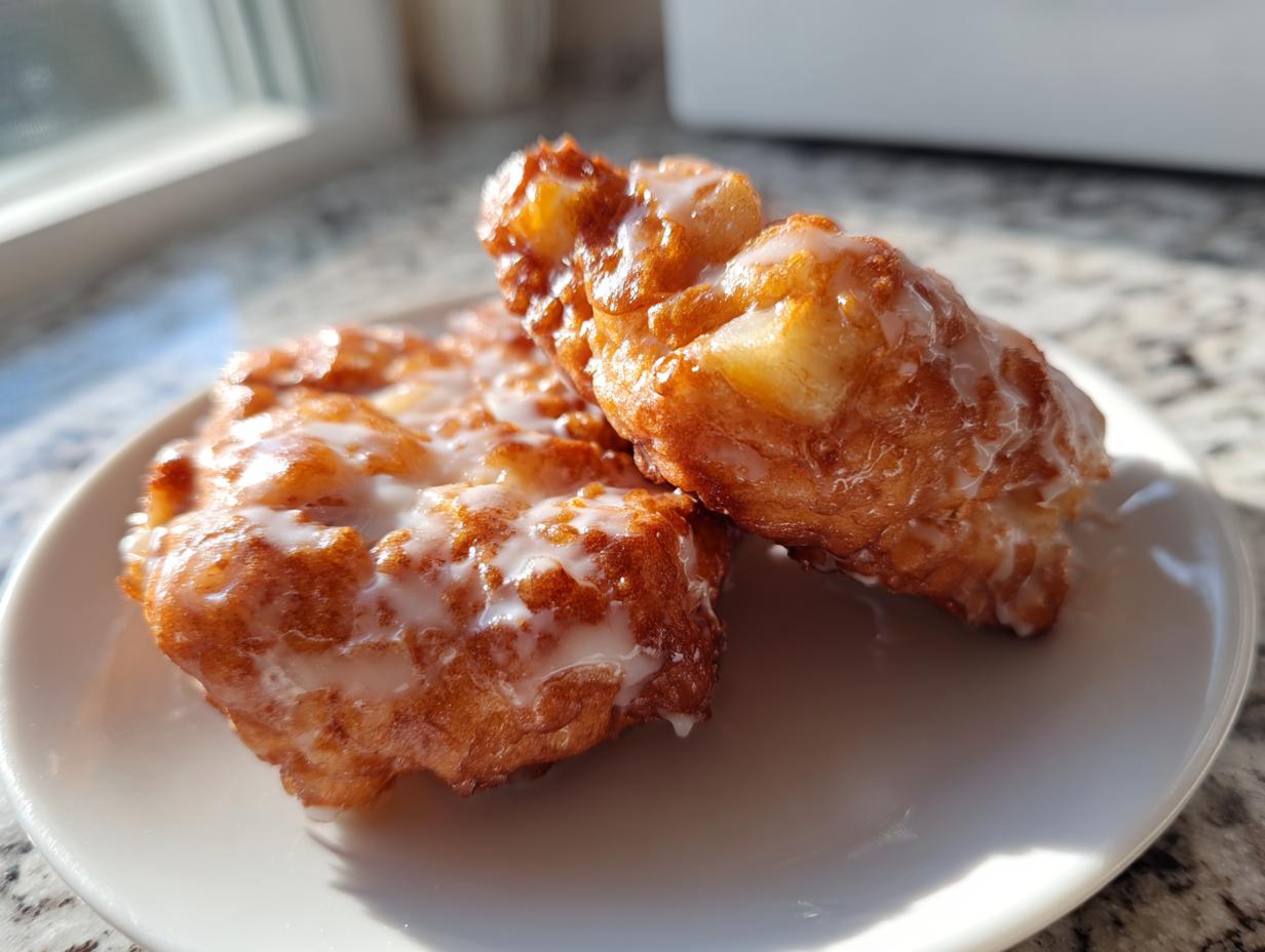 Two golden brown, freshly fried apple fritter pastries covered in a sweet white glaze, resting on a white plate.