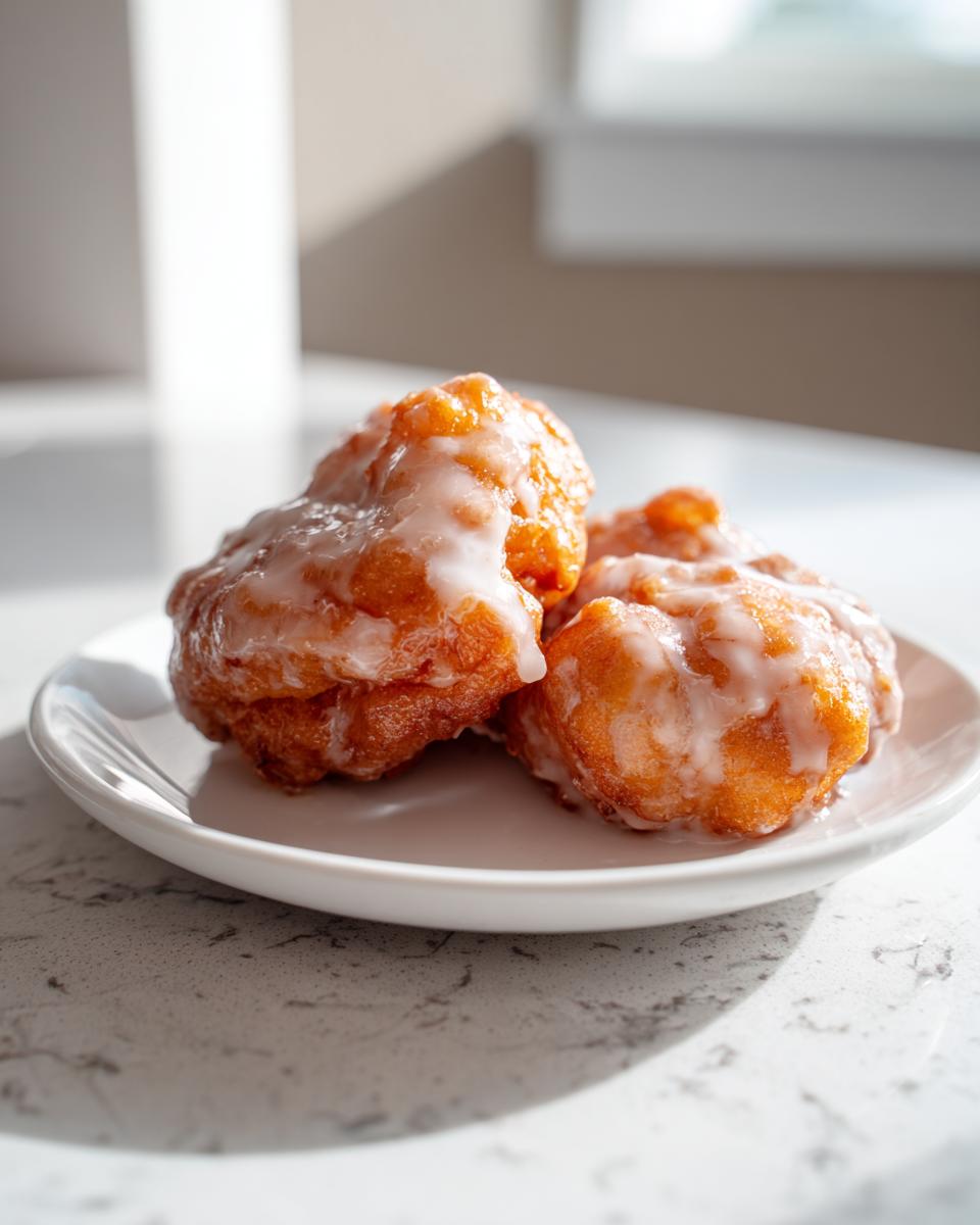 Three golden brown, freshly fried apple fritter pieces drizzled with white glaze, sitting on a small white plate.