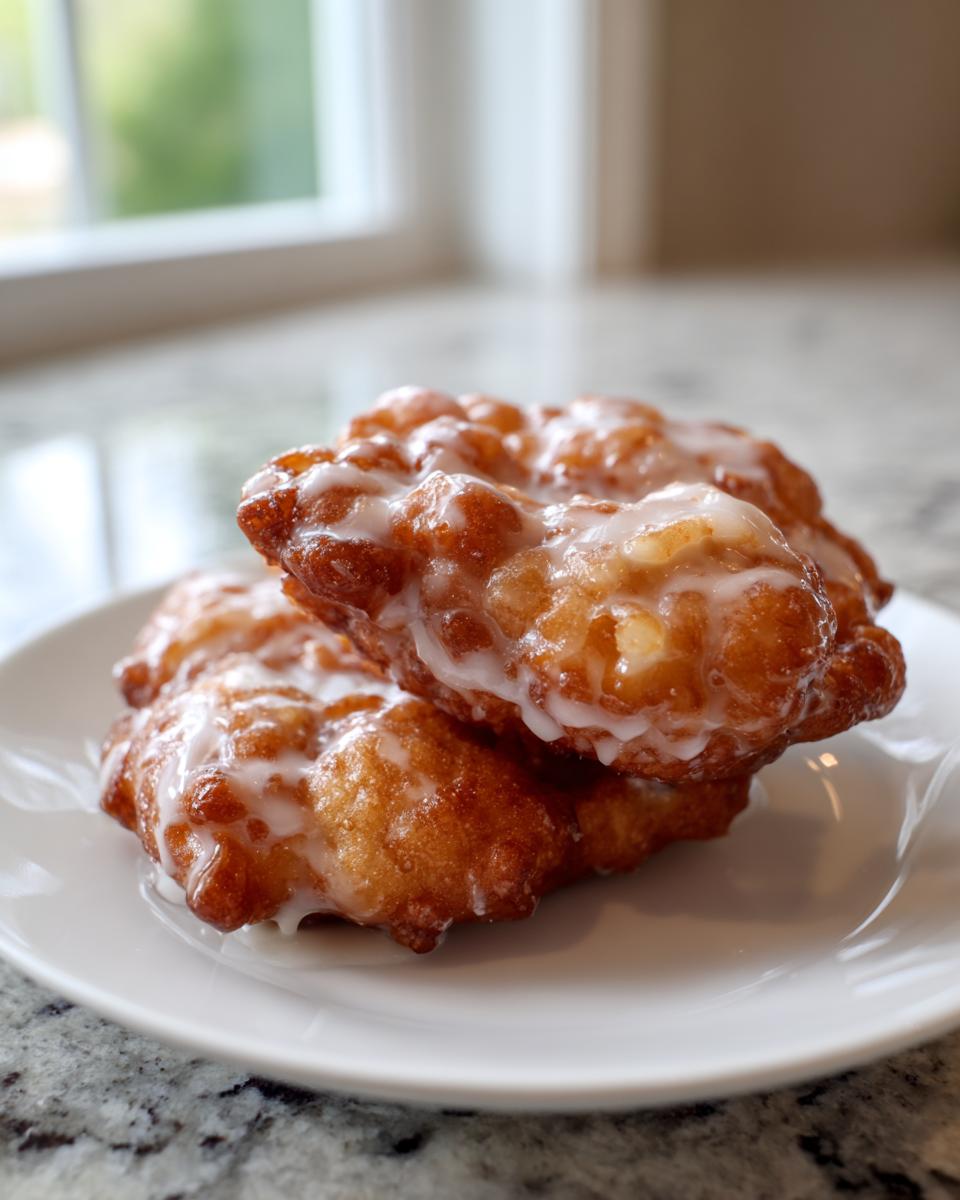 Close-up of two golden brown, glazed apple fritter pastries stacked on a white plate.