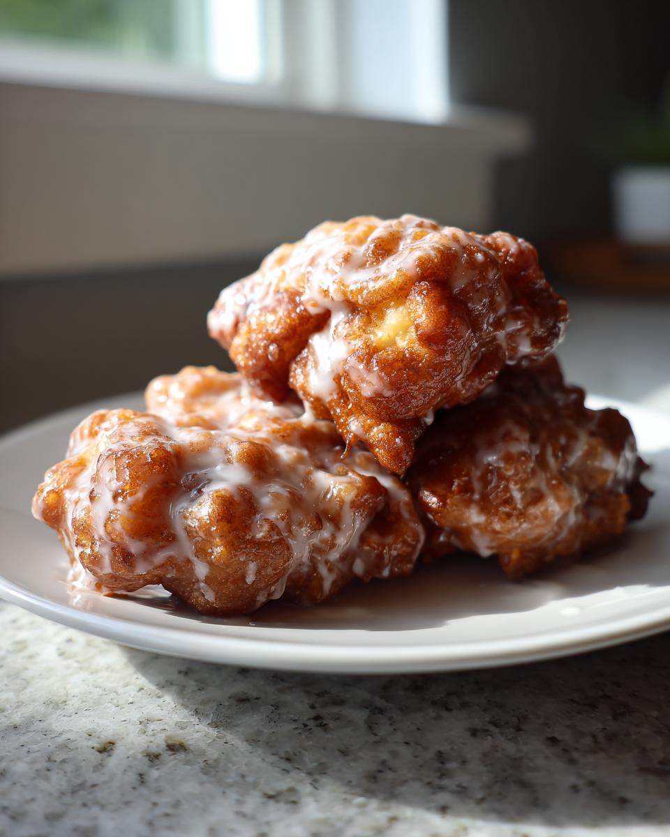 Three golden brown, glazed apple fritter pastries stacked on a white plate in natural light.