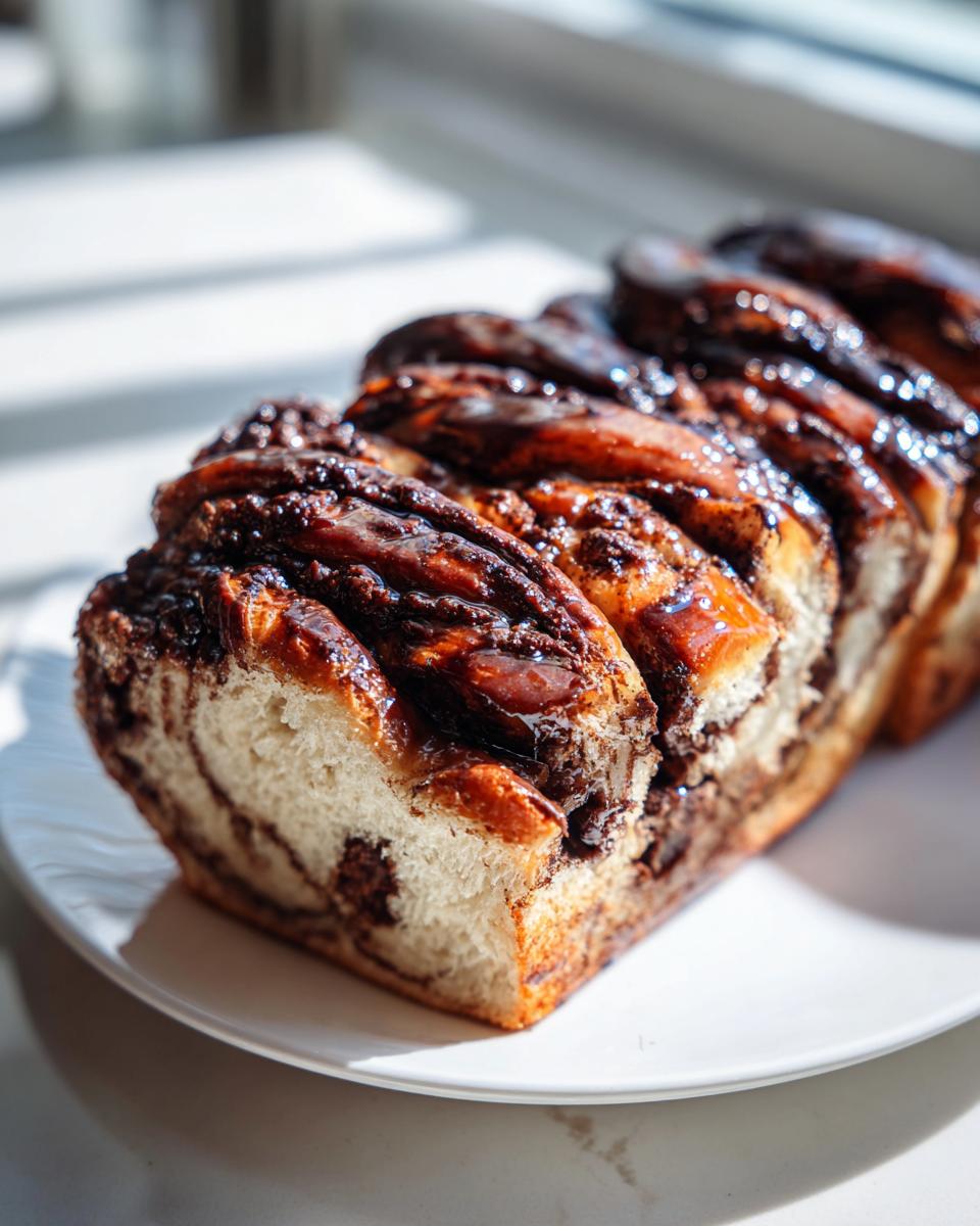 A freshly baked, glossy chocolate babka loaf showing rich, swirled chocolate filling and soft dough.