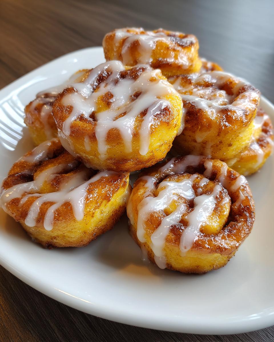 A stack of freshly baked, golden brown cinnamon roll bites drizzled generously with white icing.