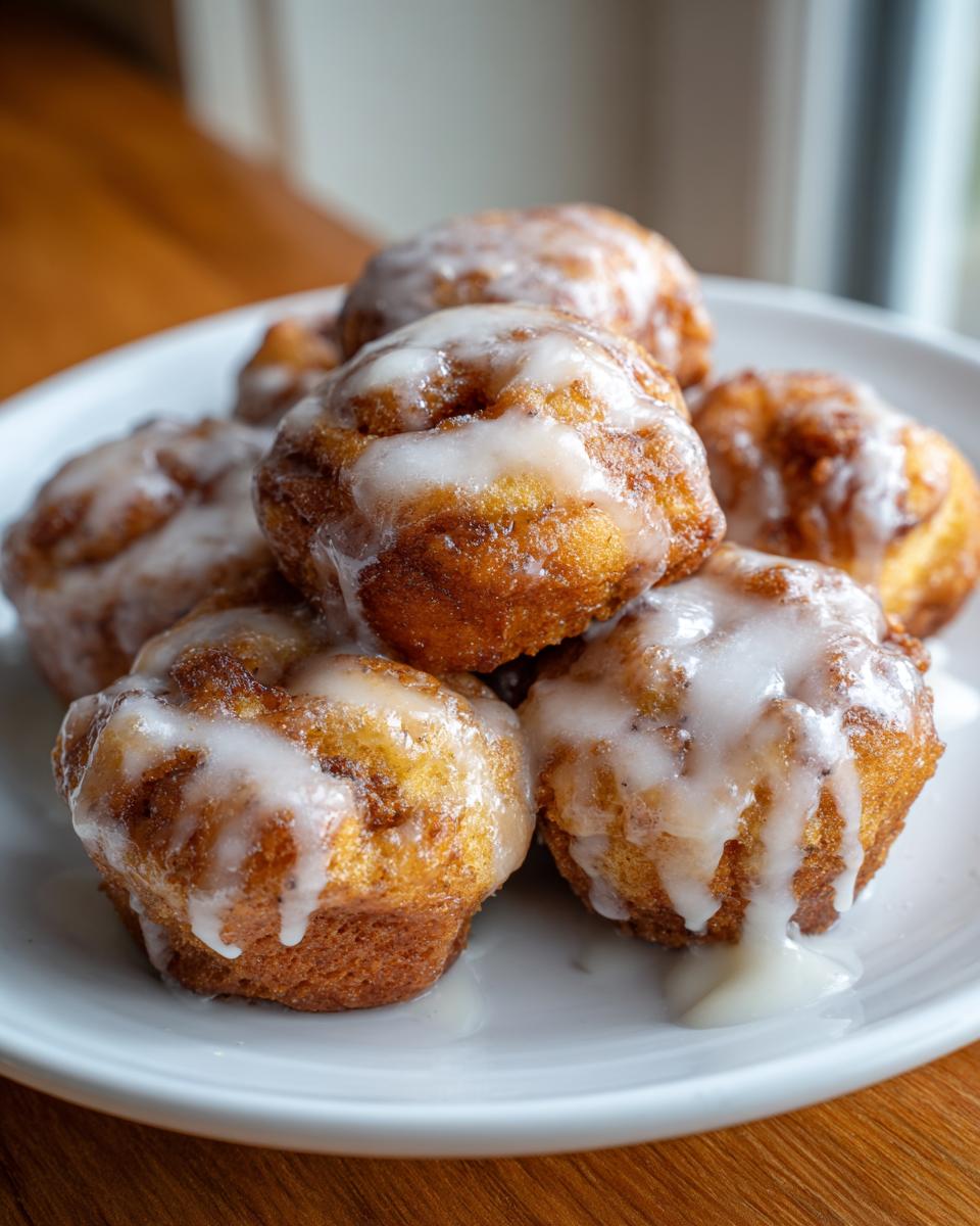 A close-up of several golden brown cinnamon roll bites drizzled generously with white vanilla icing.