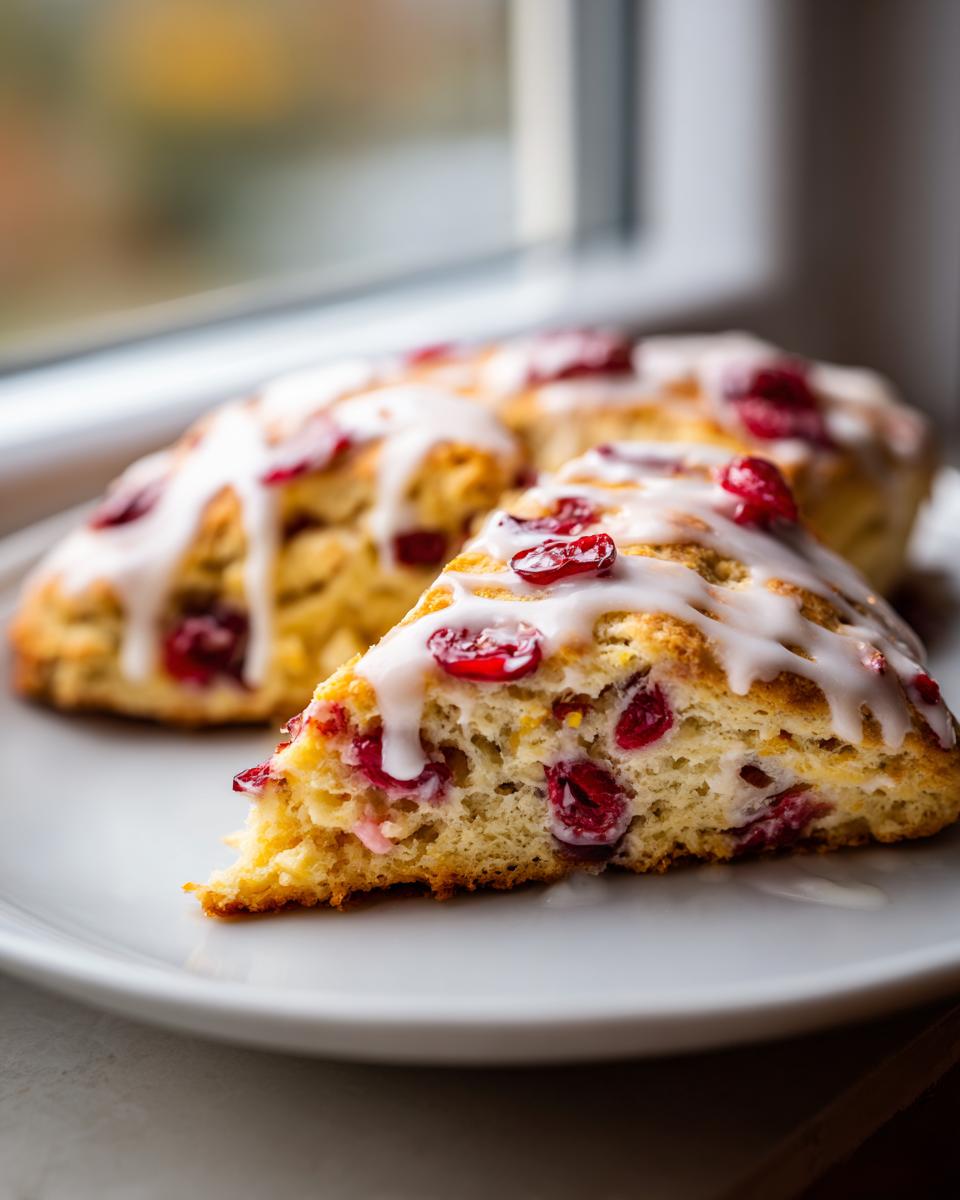 Close-up of flaky cranberry orange scones drizzled with white glaze and studded with dried cranberries.