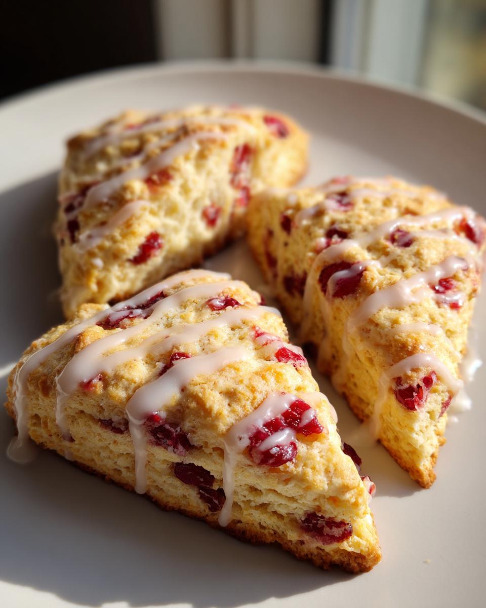 Close-up of three triangular cranberry scones drizzled with white icing, sitting on a light plate.