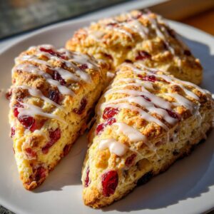 Close-up of three freshly baked cranberry scones, drizzled with white glaze, sitting on a white plate.