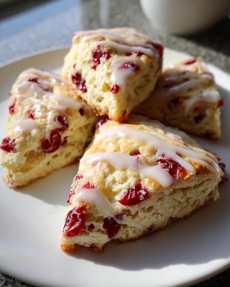 Four triangular cranberry scones generously drizzled with white glaze, resting on a white plate.