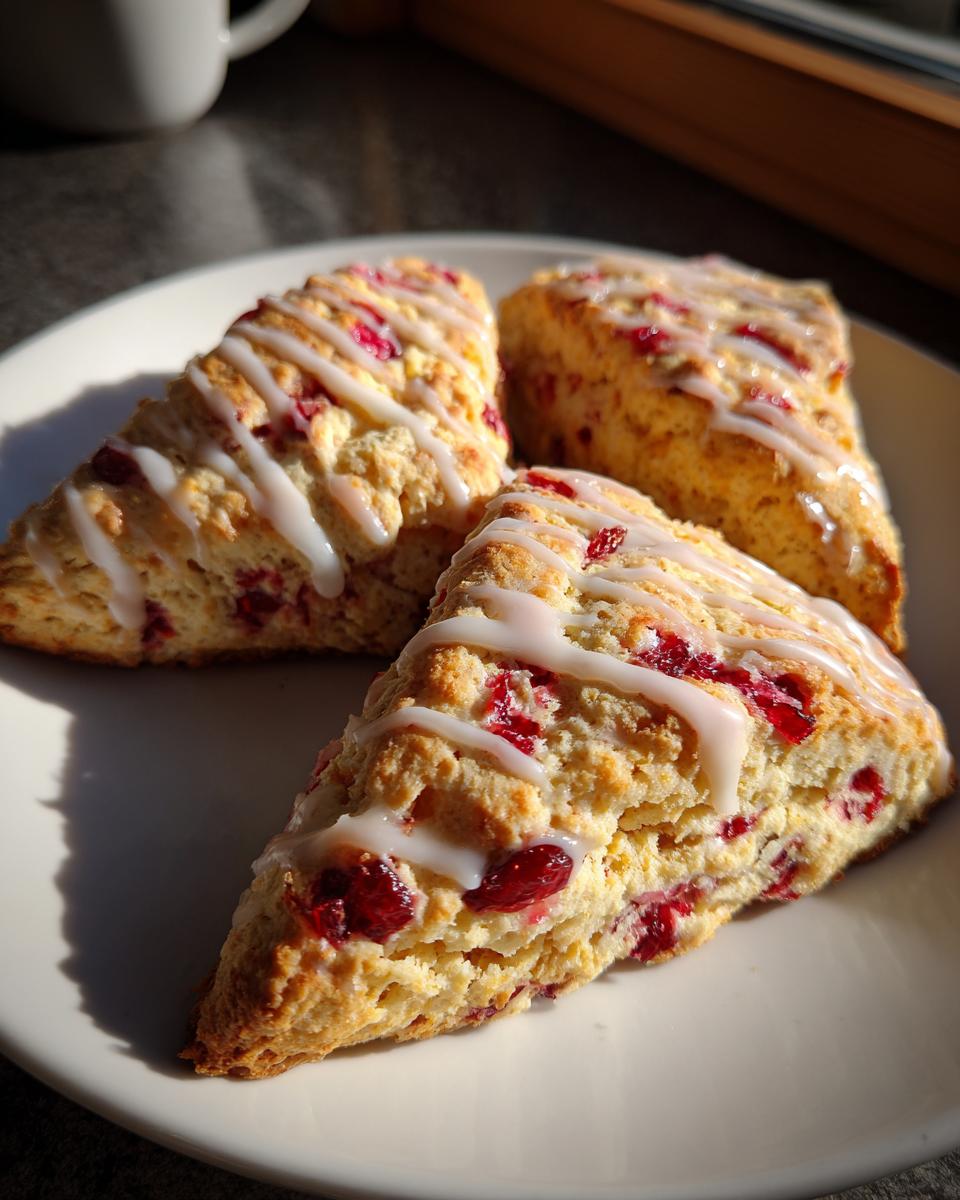 Three freshly baked cranberry scones, drizzled with white icing, sitting on a white plate in bright sunlight.