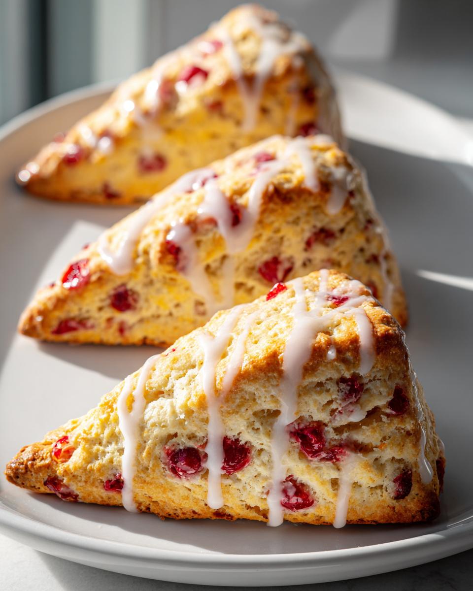 Three triangular cranberry scones drizzled with white icing, arranged on a light plate in bright sunlight.