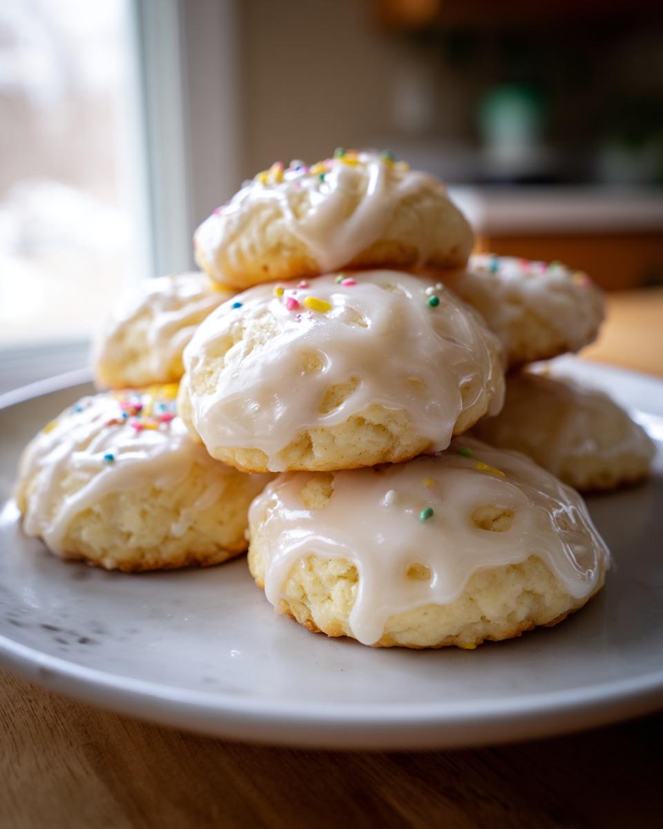 A stack of soft, glazed italian ricotta cookies topped with colorful sprinkles, resting on a white plate.