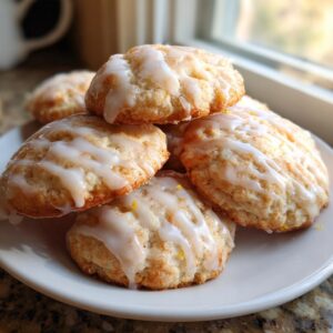 A stack of freshly baked italian ricotta cookies topped with a thick white lemon glaze, sitting on a white plate.