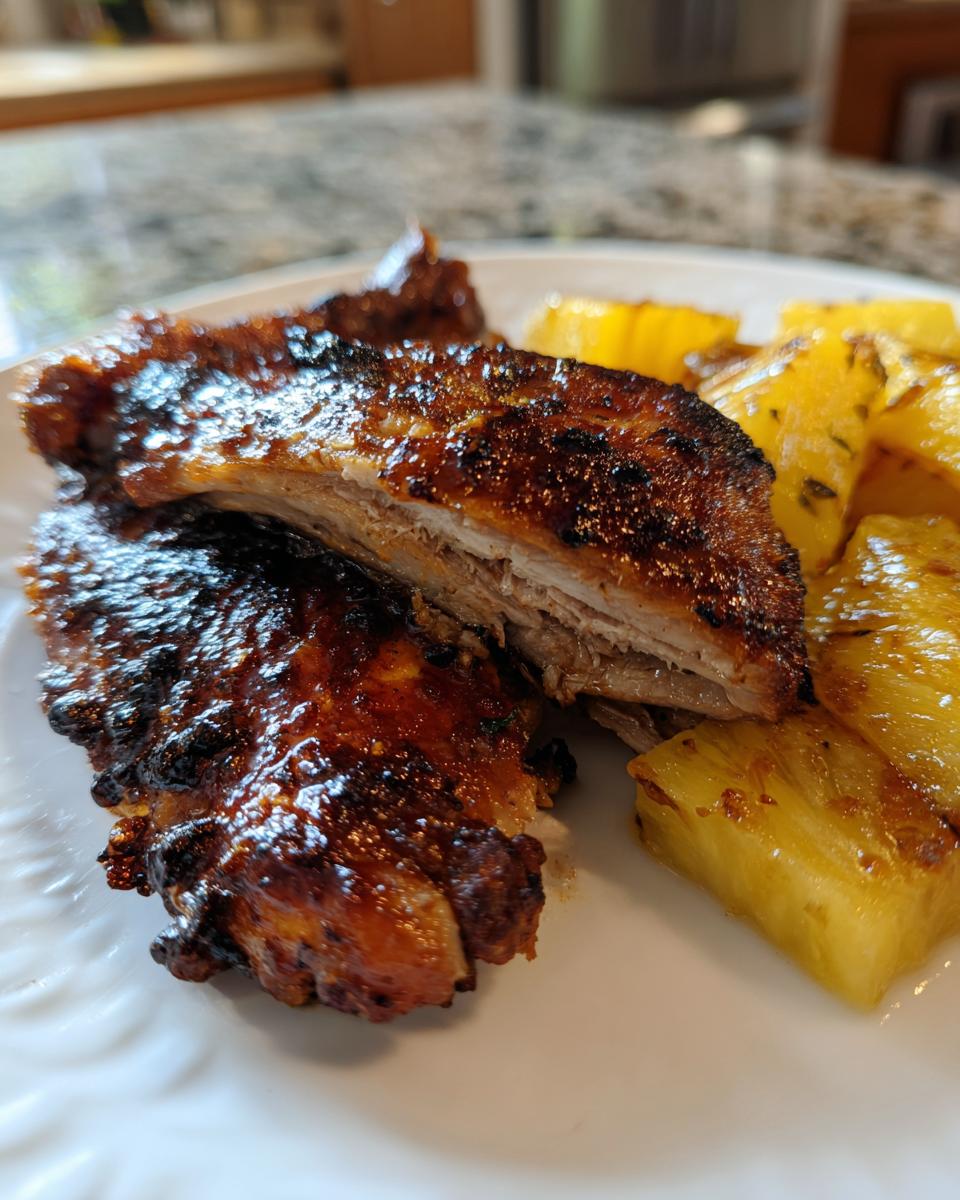 Close-up of glazed Jamaican jerk chicken pieces served with grilled pineapple chunks on a white plate.