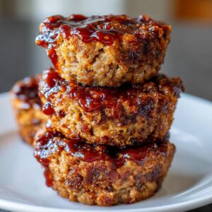 Three perfectly cooked mini meatloaf portions stacked and topped with a thick, glossy barbecue glaze.