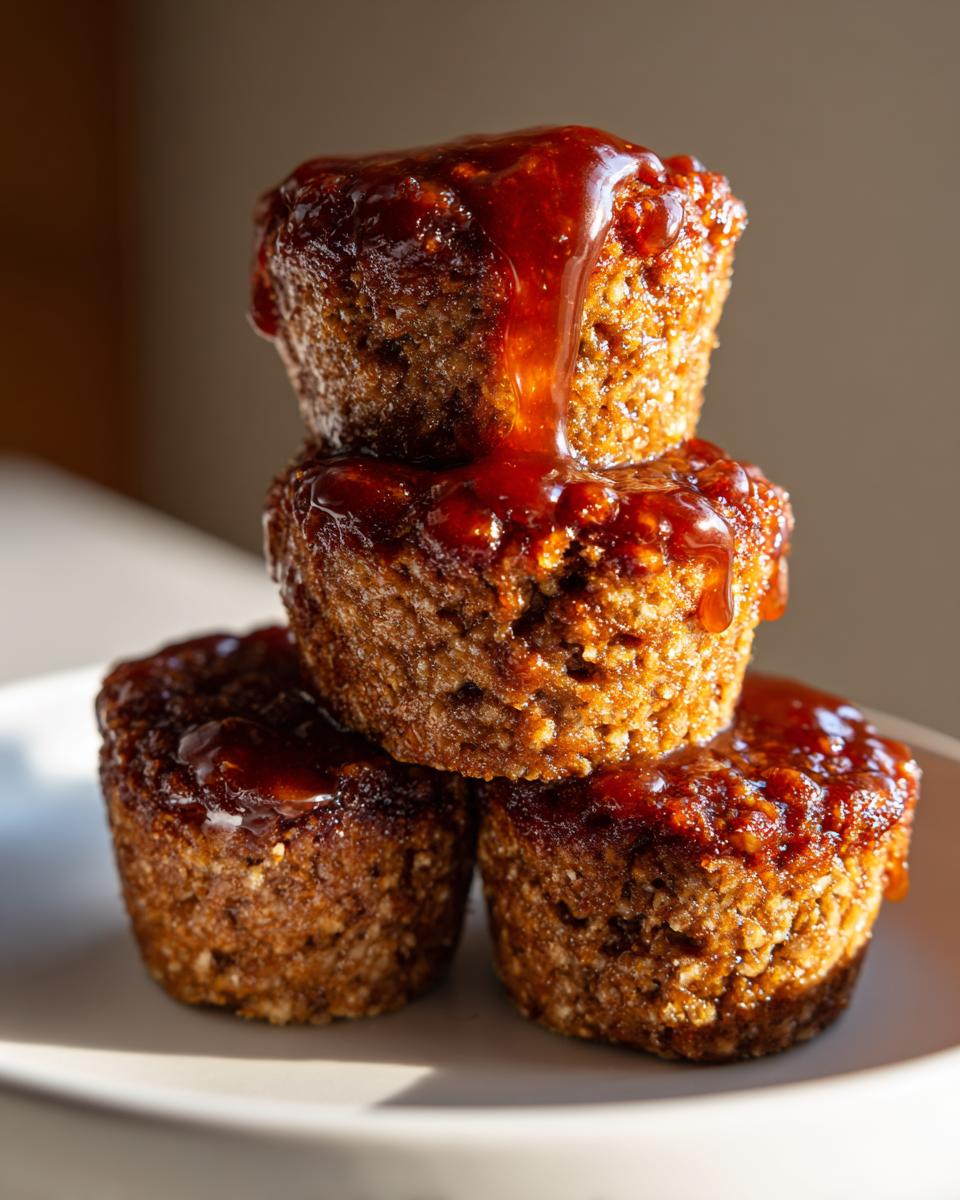 Three stacked mini meatloaf portions topped with a thick, dripping brown glaze.
