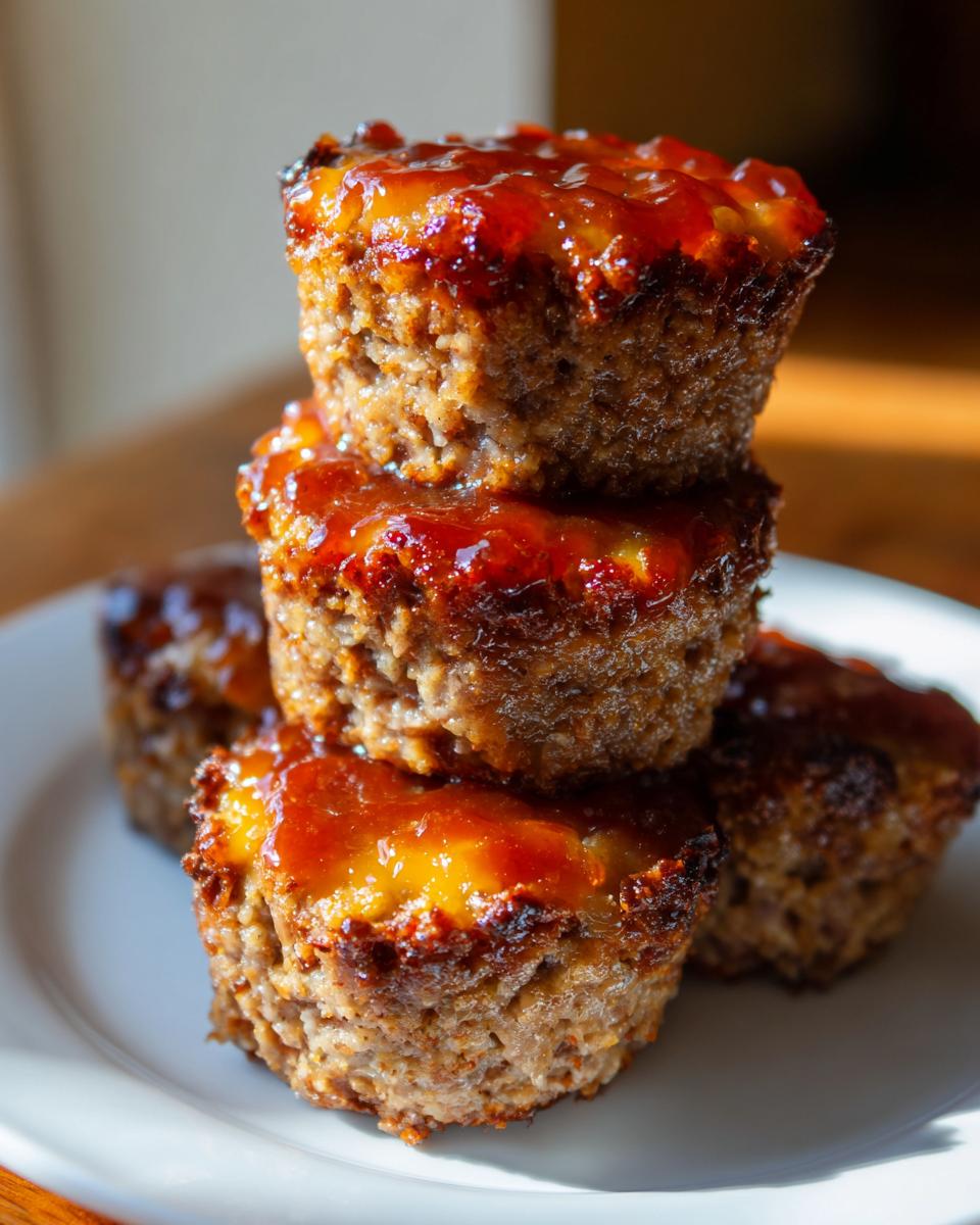 A stack of three perfectly baked mini meatloaf portions topped with a shiny, sweet glaze, sitting on a white plate.