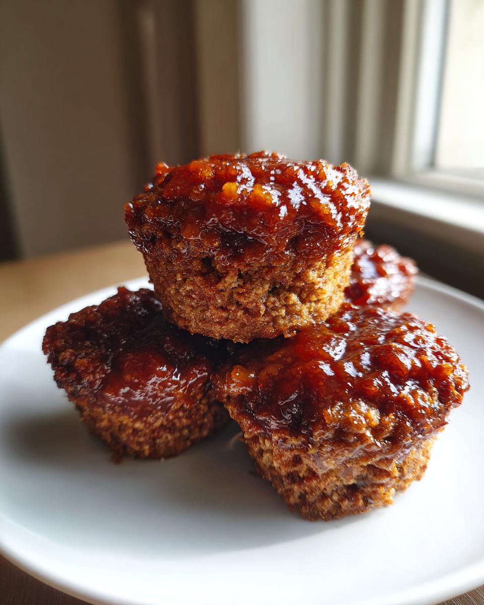 Three glazed mini meatloaf portions stacked on a white plate, showing a rich, shiny topping.