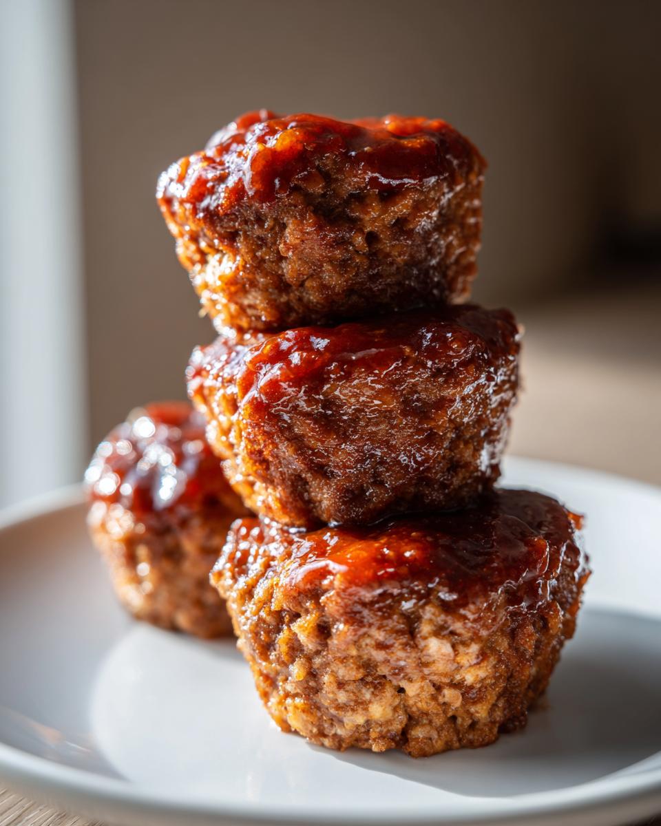 A stack of three glazed mini meatloaf muffins topped with a shiny sauce, resting on a white plate.