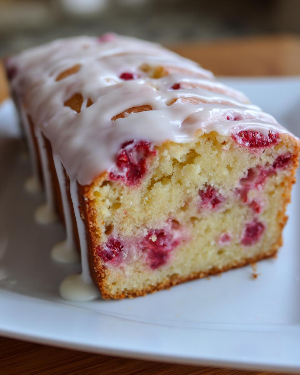 Close-up of a slice of moist strawberry bread topped with white vanilla glaze.