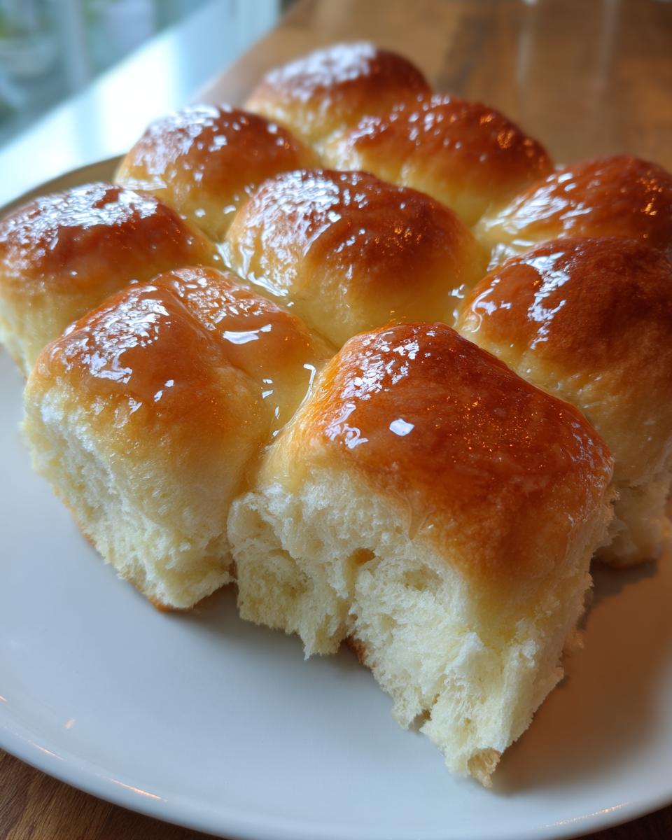A cluster of soft, fluffy dinner rolls topped with a shiny, golden glaze, one roll partially pulled apart.