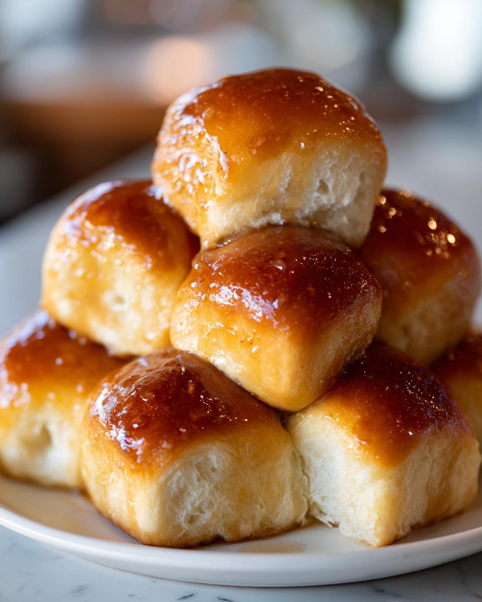 A close-up stack of incredibly soft, golden-brown rolls generously coated in a shiny, amber glaze.