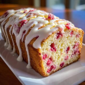 A freshly baked loaf of strawberry bread topped with thick white glaze, showing bright red berries inside.