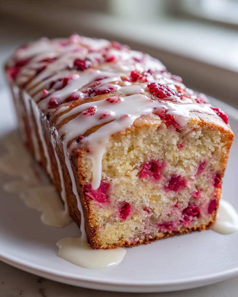 A close-up of a loaf of moist strawberry bread drizzled with white icing, showing bright pink fruit inside.