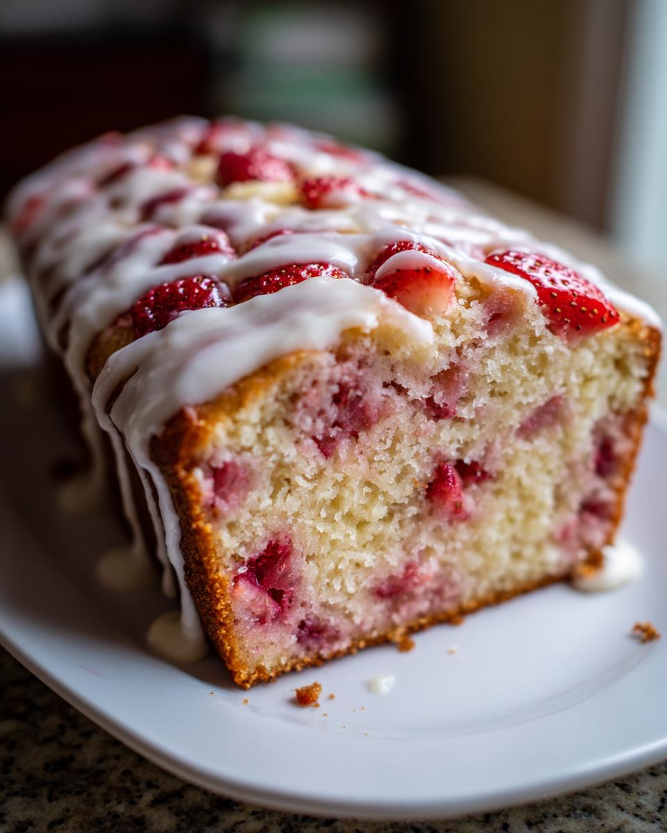 A close-up of a freshly baked strawberry bread loaf, drizzled with white glaze and studded with fresh strawberries.