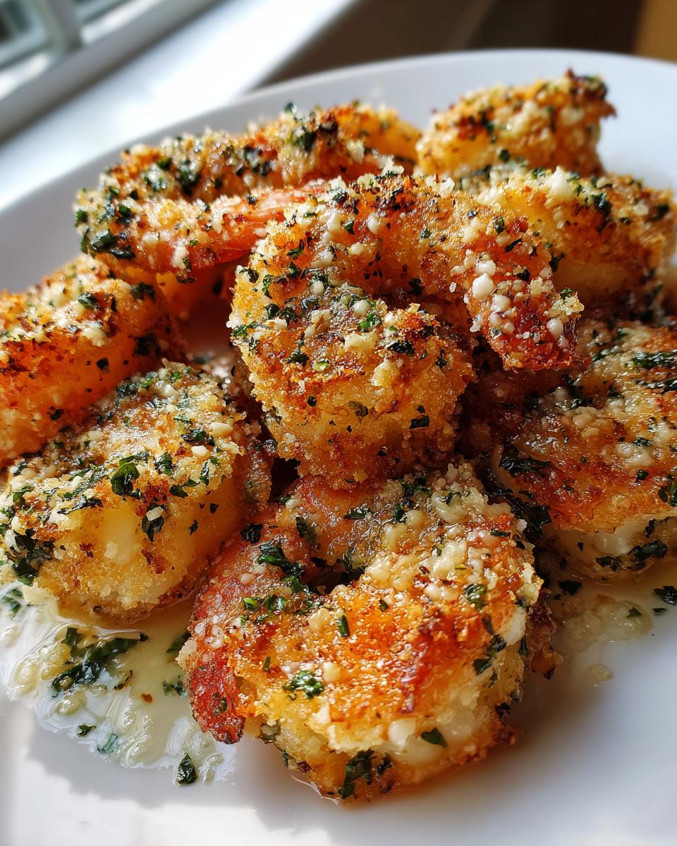Close-up of crispy, golden air fryer shrimp coated in breading, grated cheese, and chopped parsley, resting in butter sauce.