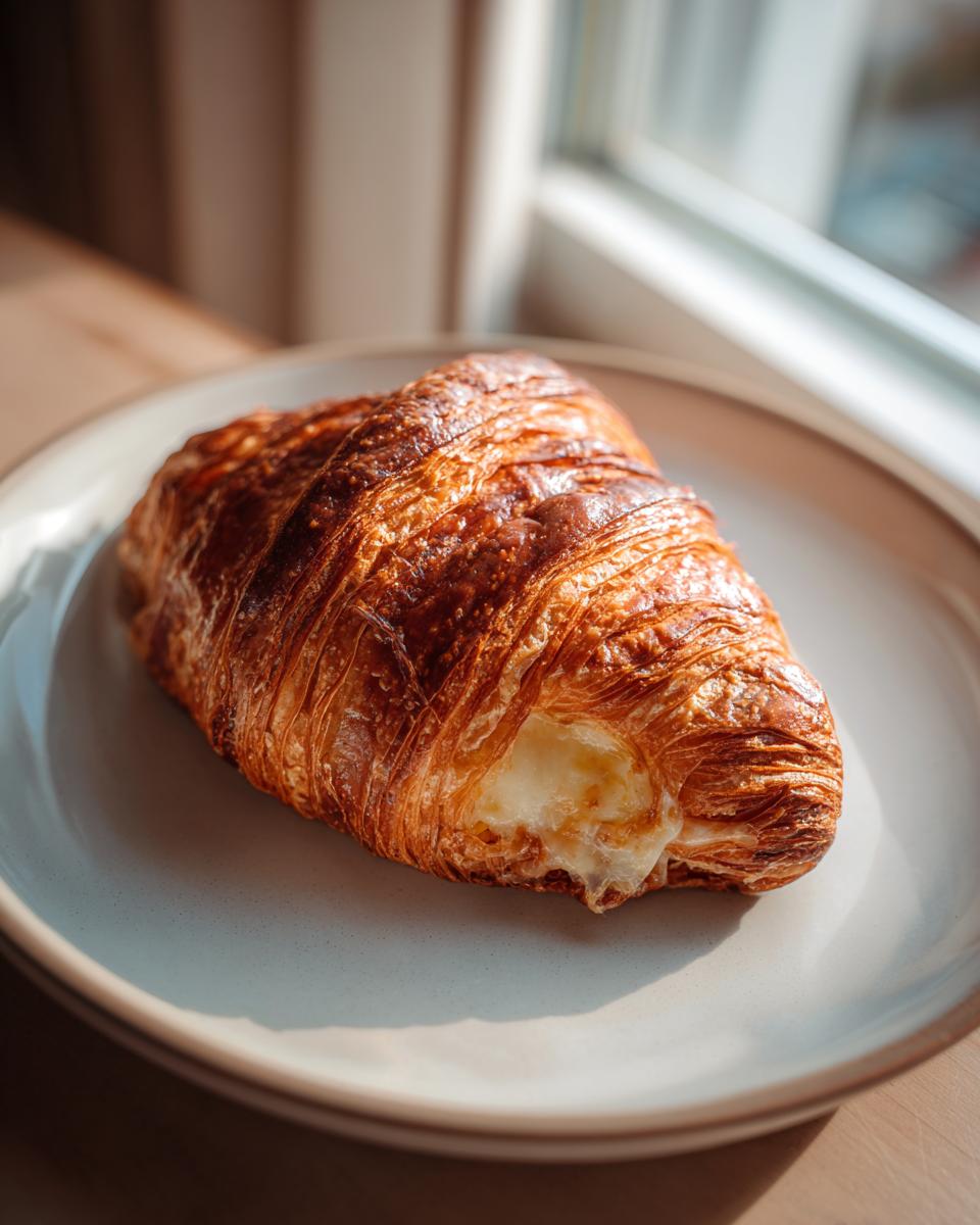 Close-up of a golden brown baked ham and cheese croissant with melted cheese oozing out, resting on a light plate.
