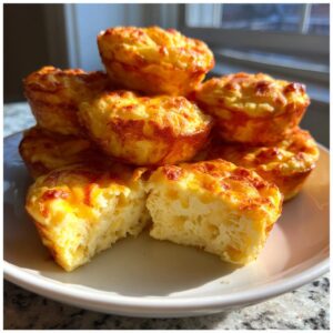 A stack of golden brown, fluffy egg bites with one cut in half showing the airy interior.