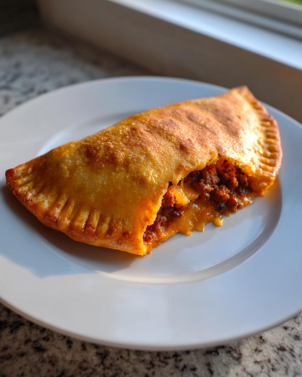 A close-up of a golden, fried cheesy pocket tacos, split open to show the savory meat and melted cheese filling.