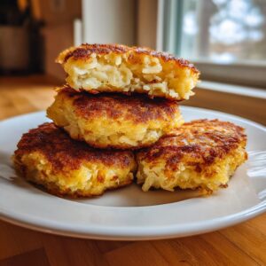 A stack of four golden brown, pan-fried mashed potato cakes, with the top one broken open to show the fluffy interior.