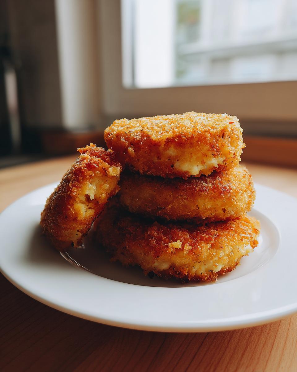 A stack of four golden brown, crispy fried mashed potato cakes on a white plate, one is broken open showing the soft interior.