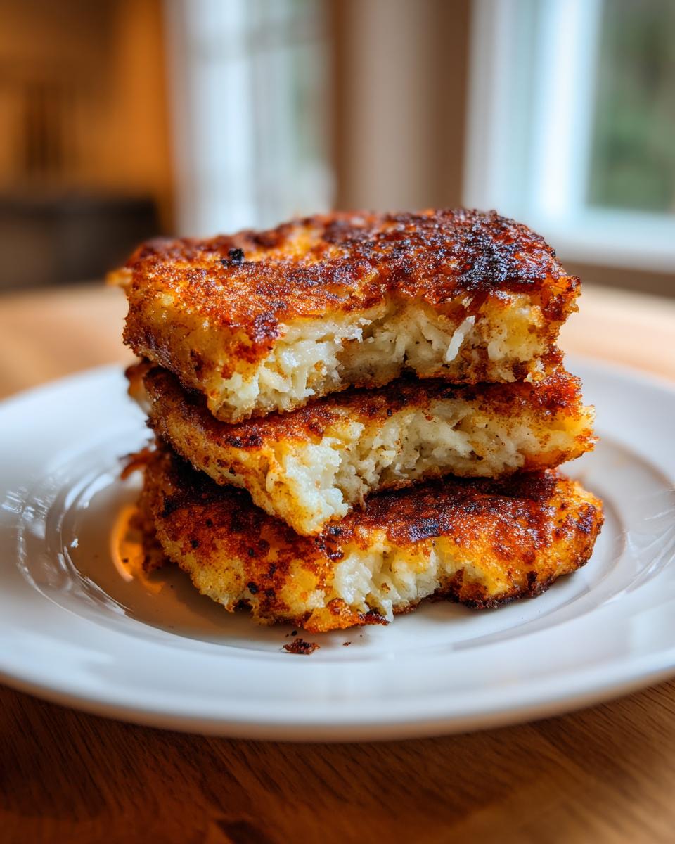 A stack of three crispy, golden brown mashed potato cakes with a fluffy interior, served on a white plate.