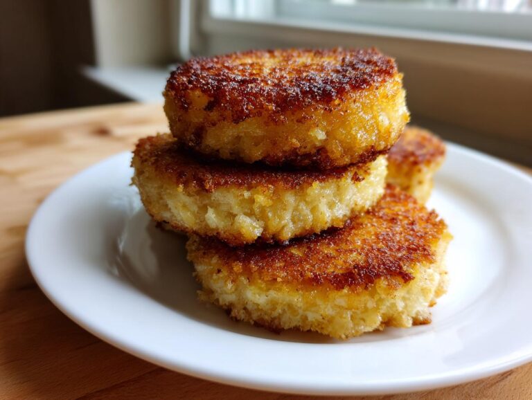 A stack of three perfectly golden brown mashed potato cakes resting on a white plate.