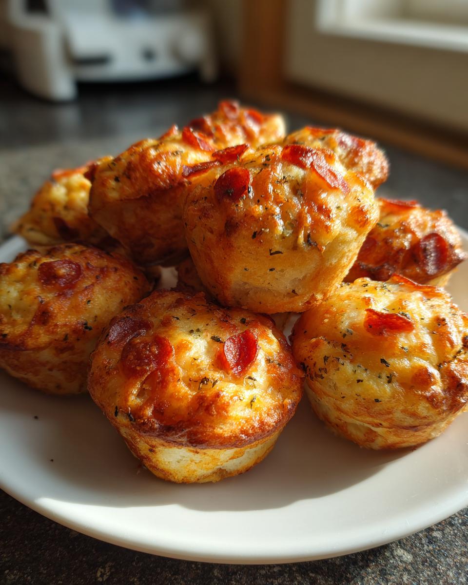 A pile of freshly baked, golden brown pepperoni pizza bites served on a white plate, glistening under sunlight.