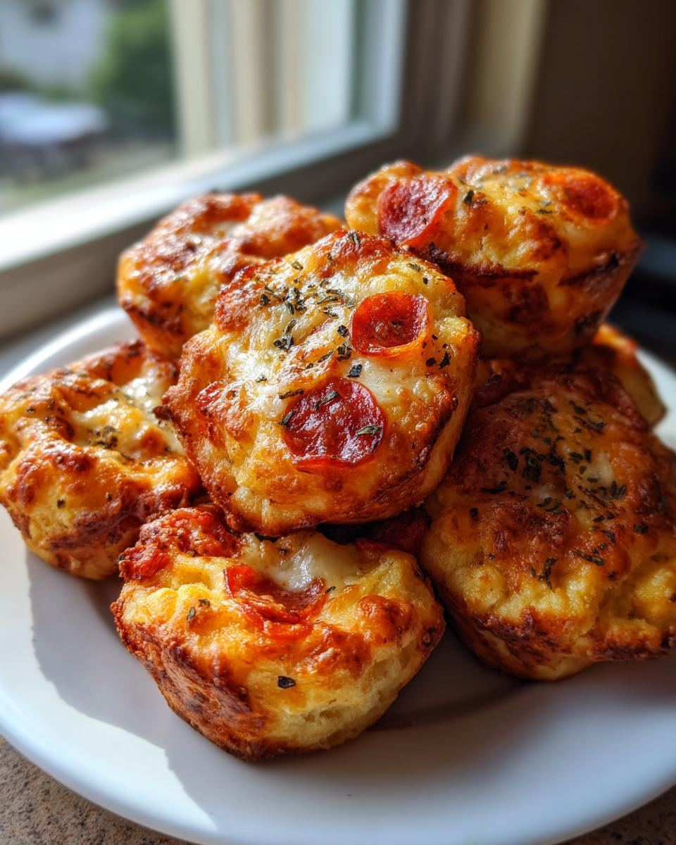 A stack of freshly baked, golden brown pizza bites topped with melted cheese and pepperoni.