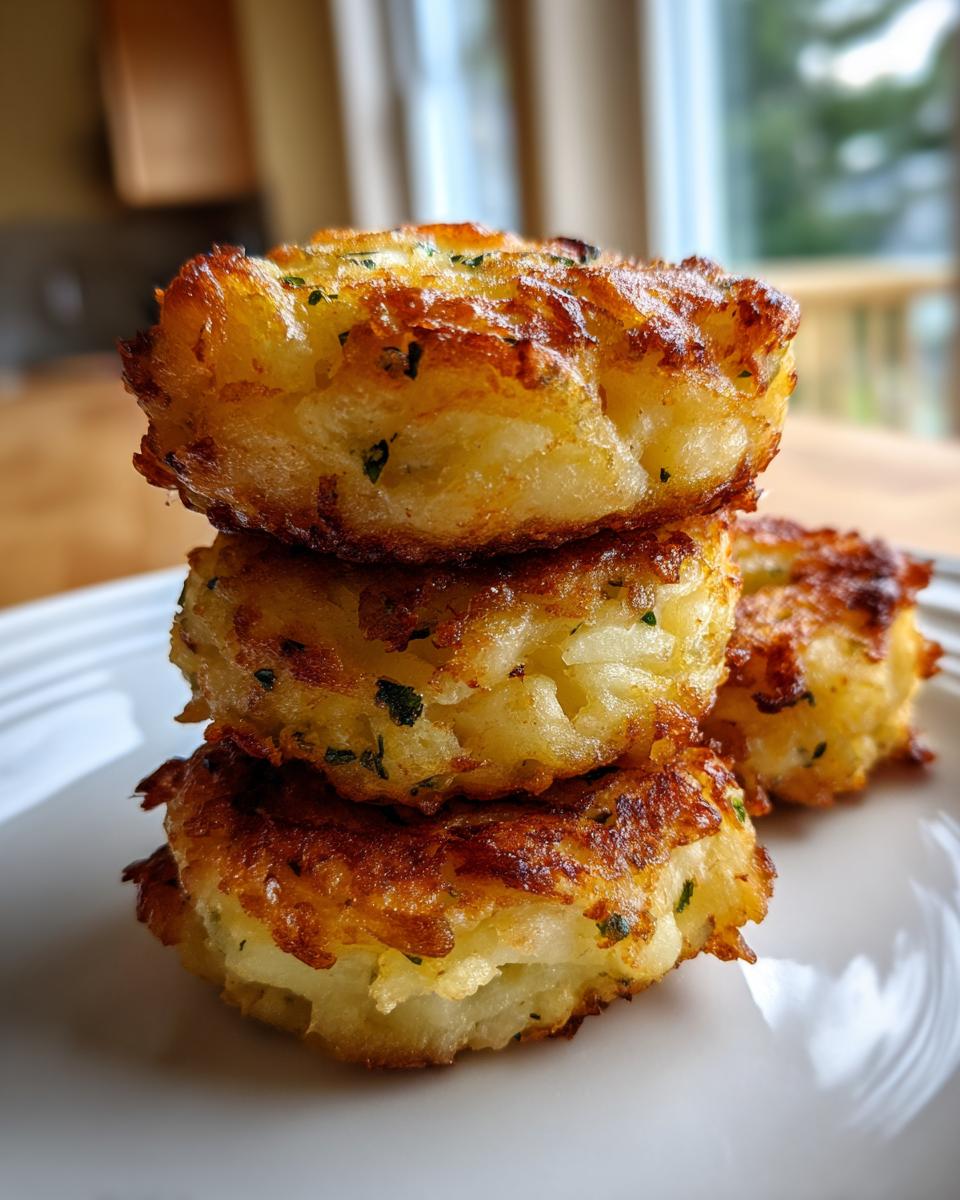 Three golden brown, crispy mashed potato cakes stacked on a white plate, flecked with herbs.