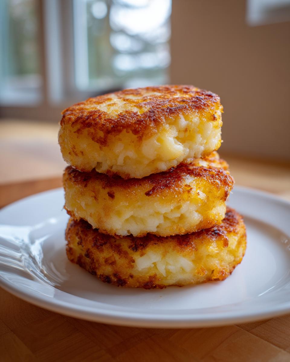 A stack of three golden-brown, pan-fried mashed potato cakes resting on a white plate.