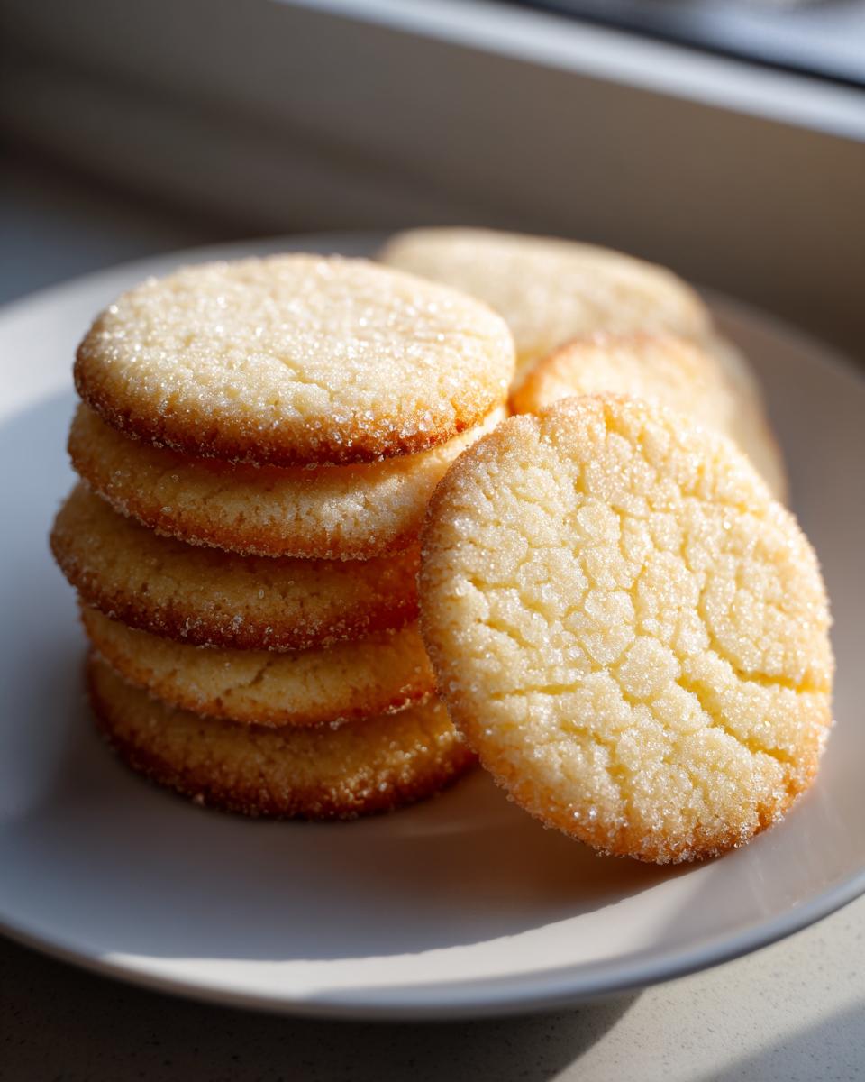 A stack of golden brown butter cookie rounds generously coated in sparkling sugar crystals.