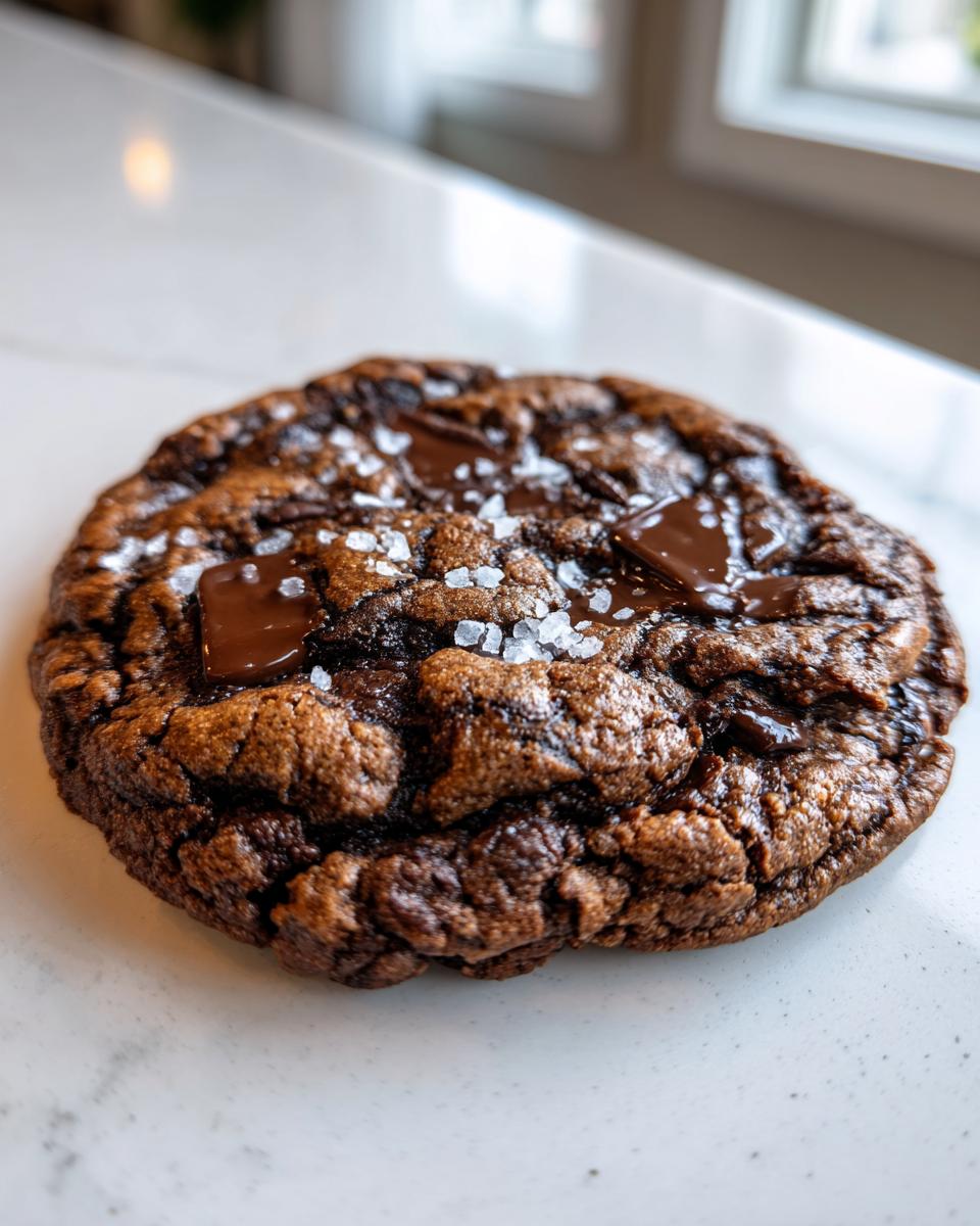 Close-up of a decadent, dark chocolate chip cookie topped with melted chocolate chunks and flaky sea salt.