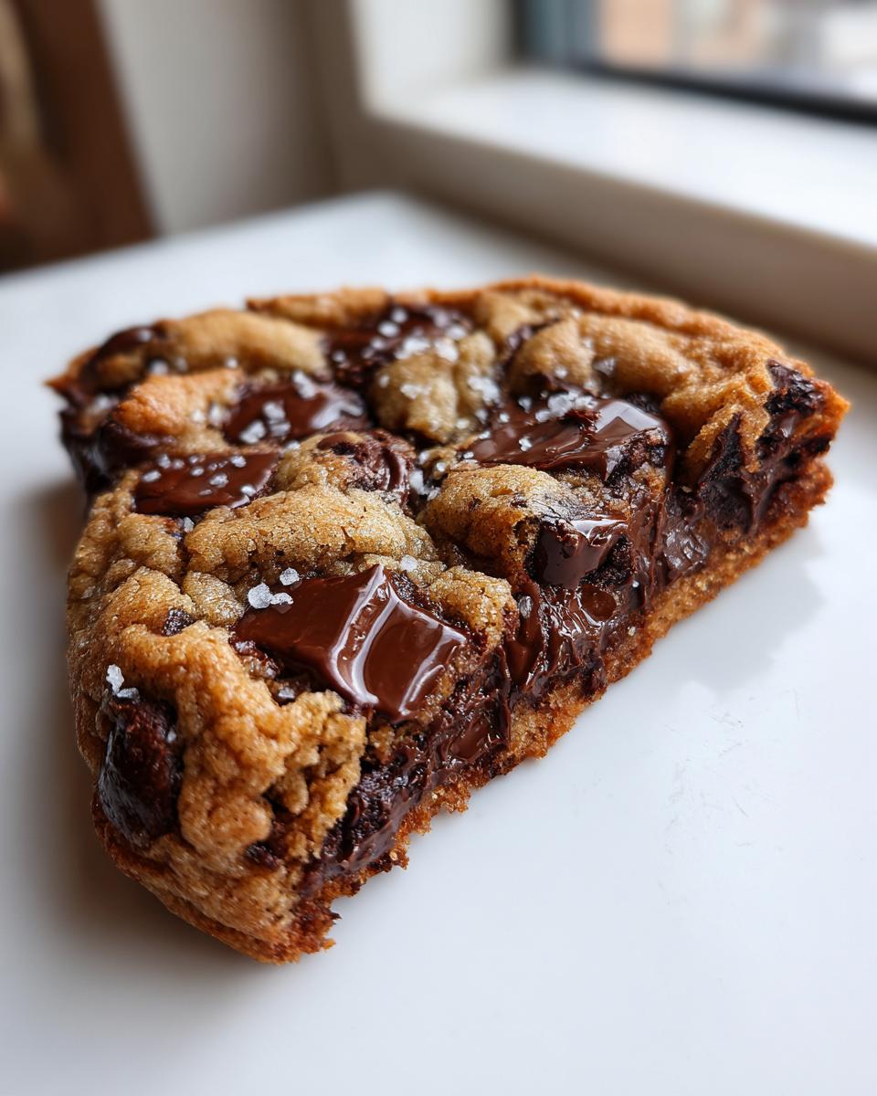 A close-up of a thick, gooey chocolate chip cookie slice topped with melted chocolate chunks and flaky sea salt.