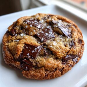 Close-up of a rich, golden brown chocolate chip cookie topped with melted chocolate chunks and flaky sea salt.