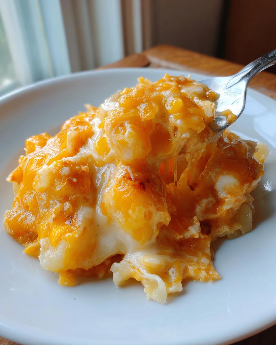 A fork lifting a gooey, cheesy serving of crockpot cheesy potatoes from a white plate.