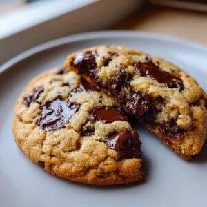 Close-up of a vegan chocolate chip cookie broken in half showing melted chocolate chips inside.