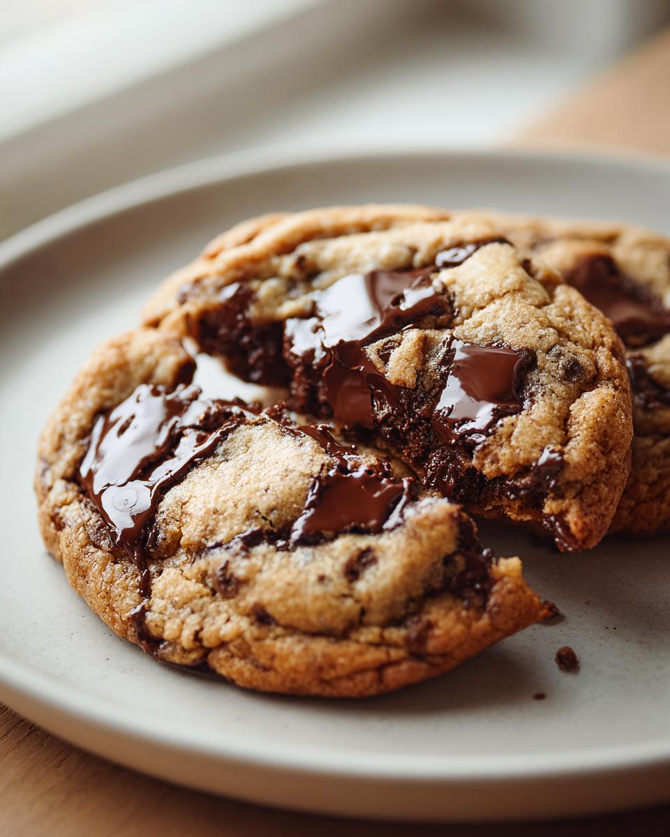 Close-up of two freshly baked vegan chocolate chip cookies, one broken open revealing melted chocolate.