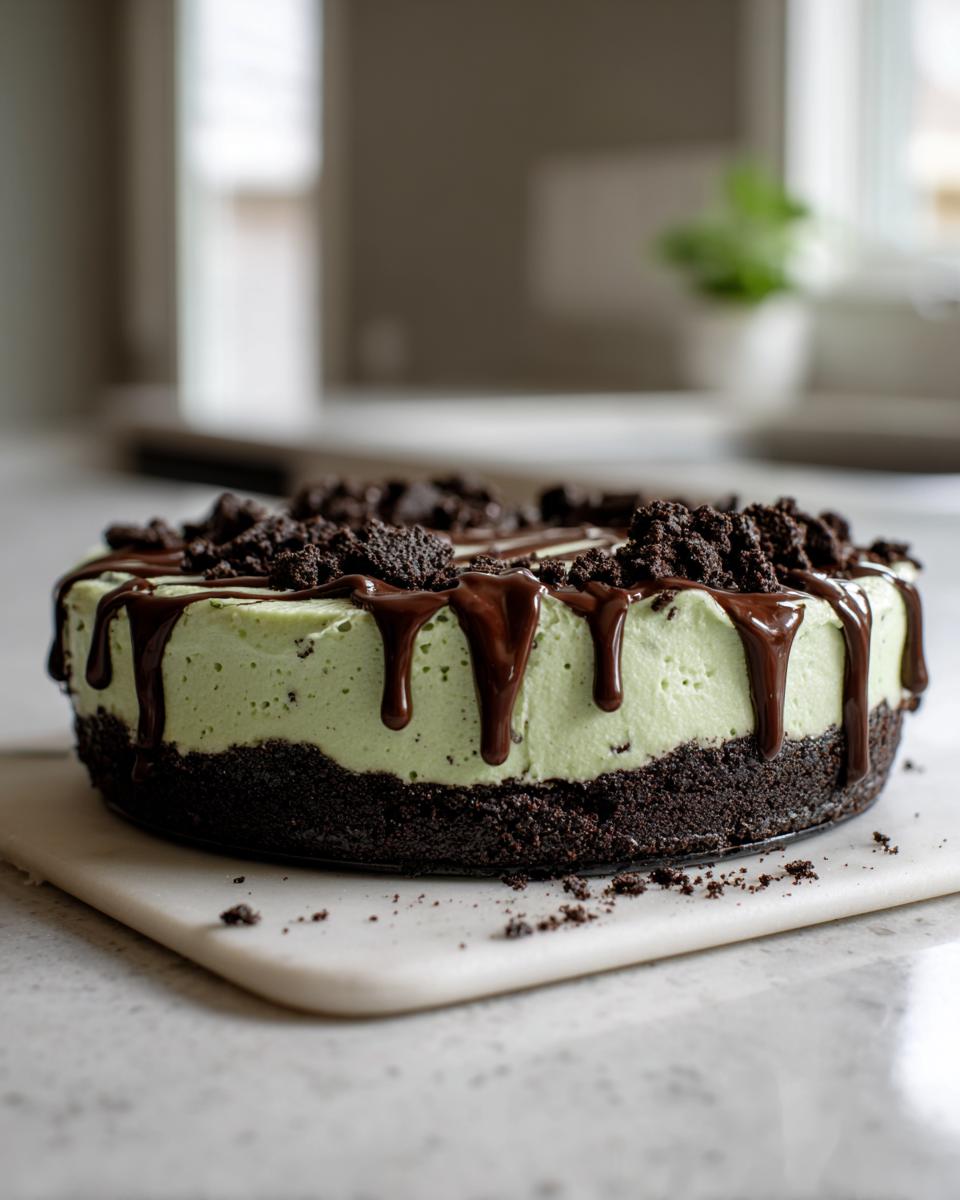 A whole, no-bake grasshopper pie with a thick chocolate crust, mint filling, chocolate drizzle, and cookie crumbs.