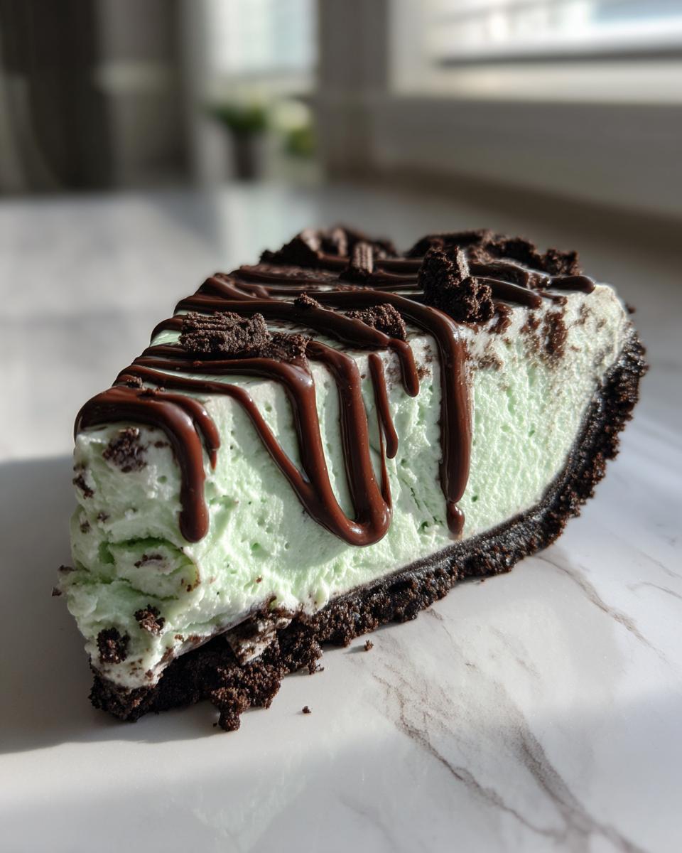 A decadent slice of mint green grasshopper pie with a dark chocolate crust, drizzled with chocolate sauce and topped with cookie crumbles.